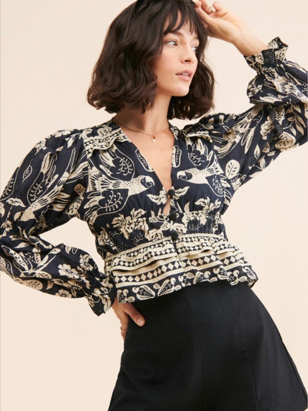 FARM Rio Black & Cream Printed Peasant Blouse